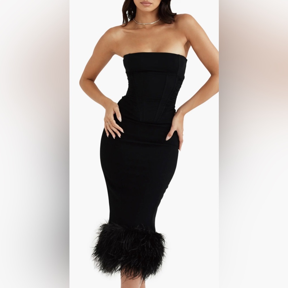 House of CB Fionula Strapless Feather Hem Midi Dress
